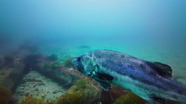 A giant sea bass (Stereolepis gigas) swims up and over an artificial reef. The old pier piling can be seen below the GSB Filmed in Southern California.