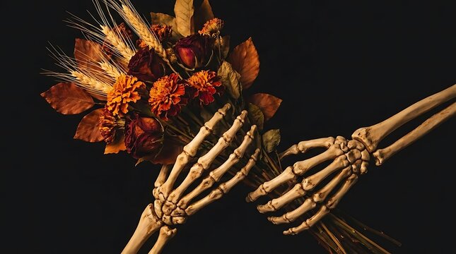 Skeleton hands holding dried autumn flower bouquet.