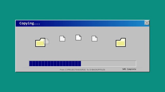 Retro computer file copying progress dialog box animation on a classic operating system interface background screen