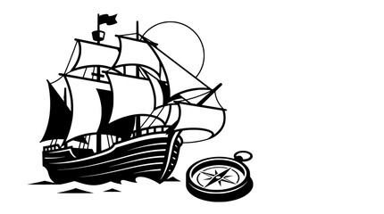Columbus Day Sale Sailing Ship and Compass — Black and White Commercial Vector © Sajida