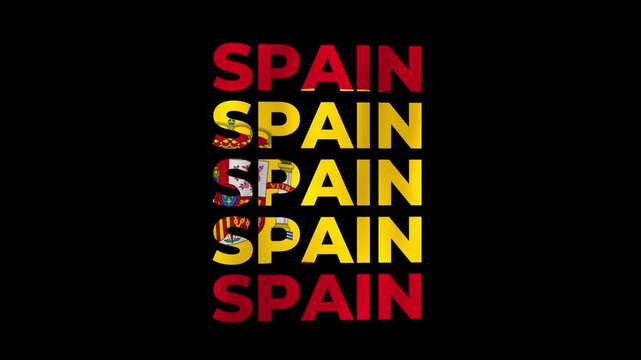 Spain European country 3D animated text bold lettering in repeated stacked rows styled with the national colours and patterns of the flag waving in the wind world emblem banner on dark background