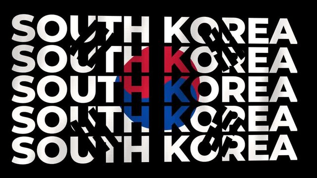 South Korea Asian country 3D animated text bold lettering in repeated stacked rows styled with the national colours and patterns of the flag waving in the wind world emblem banner on dark background