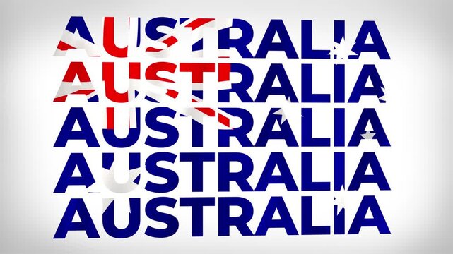 Australia Oceanian country 3D animated text bold lettering in repeated stacked rows styled with the national colours and patterns of the flag waving in the wind world emblem banner on white background