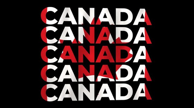 Canada North American country 3D animated text bold lettering in repeated stacked rows styled with the national colours and patterns of the flag waving in the wind world emblem on a dark background