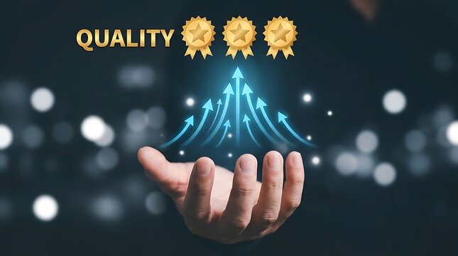Quality excellence achievement with hand and arrows