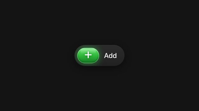 Animated add button with glossy green plus icon UI motion graphic on black background