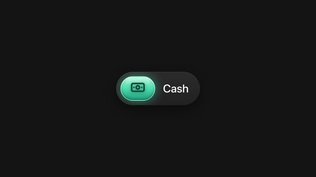 Animated cash payment toggle button with glowing teal banknote icon user interface motion graphic