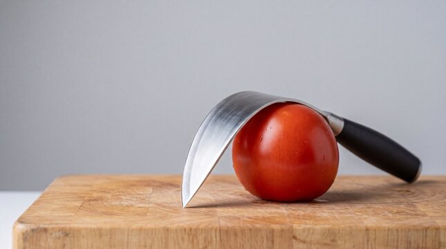 Conceptual Chef Knife Bending Uselessly Over a Tomato