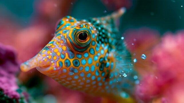Macro shot of a colorful boxfish with bright dots swimming near pink coral with tiny bubbles