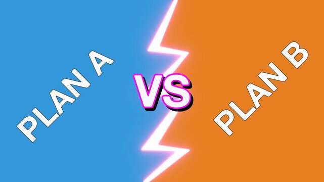 Versus split-screen animation matching PLAN A against B divided by glowing pink lightning bolt. Playful text pops on blue and orange halves for decision making and strategy comparisons.