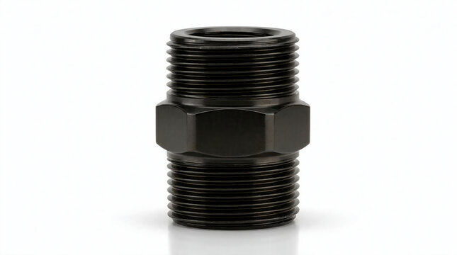 Black anodized male hex nipple threaded pipe fitting adapter connector on white background