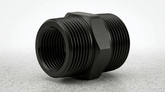 Black plastic threaded pipe connector or adapter isolated on a gray textured background for plumbing and industrial use