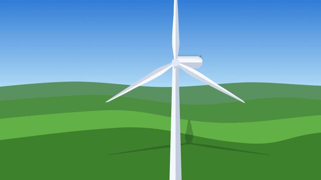 Wind turbine animation green hills blue sky clean energy loop