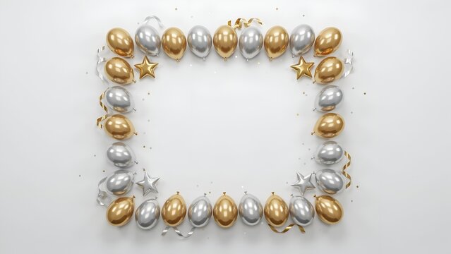 Rectangular frame of gold and silver balloons with stars and ribbons