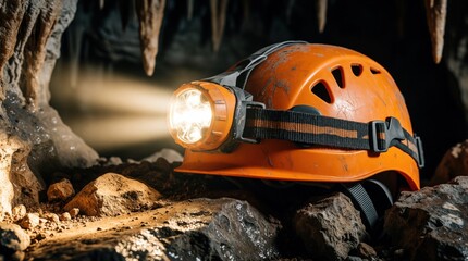 Fototapeta premium Orange caving helmet with bright headlamp lies on dark rocks in underground cave. Light shines through stalactites, stalagmites. Essential safety gear for speleology expedition, extreme adventure