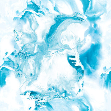 Seamless pattern, blue creative abstract hand painted background, brush texture and marble, acrylic painting.