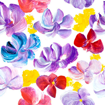 Seamless pattern of abstract colorful  flowers, art painting, creative hand painted background, brush texture, acrylic