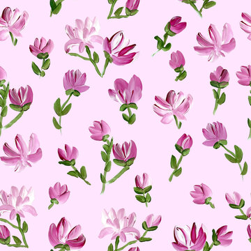 Seamless pattern of abstract painting pink flowers, original hand drawn, impressionism style