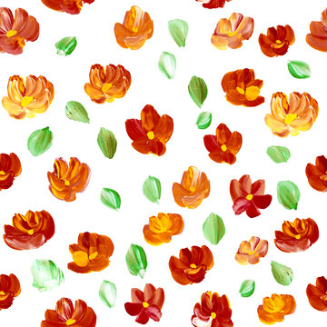 Seamless pattern of abstract flowers, original hand drawn, impressionism style, color texture, brush strokes of paint, white background.