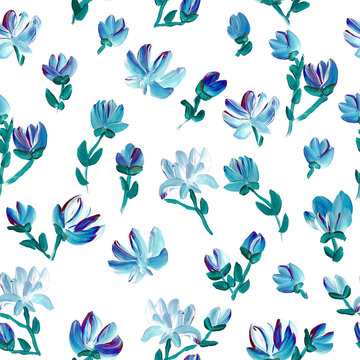 Seamless pattern of abstract painting blue flowers, original hand drawn, impressionism style