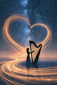 満天の星空の下でハープの音色が美しいハートの光の軌跡を描く幻想的なファンタジー風景