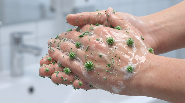 Close-up view of hands being thoroughly washed with soap, featuring digitally enhanced green viruses and bacteria on the skin. This image emphasizes the critical importance of proper hand hygiene f...