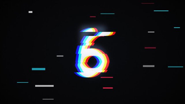 Glitch countdown timer from 10 to 0 with RGB split distortion, flickering scanlines and digital noise bars on a dark background