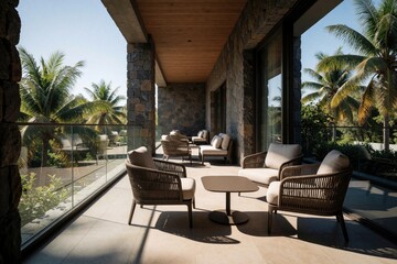 Fototapeta premium Modern luxury hotel terrace with comfy armchairs, small table. Outdoor lounge area on apartment balcony features stone walls, wood ceiling. Tropical palm trees, blue sky background at summer resort