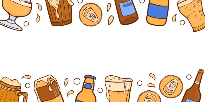 Beer drink horizontal border with bottles, cans, mugs and foamy glasses arranged along the top and bottom edges with large central copy space for brewery banners, pub menus and beverage promotions