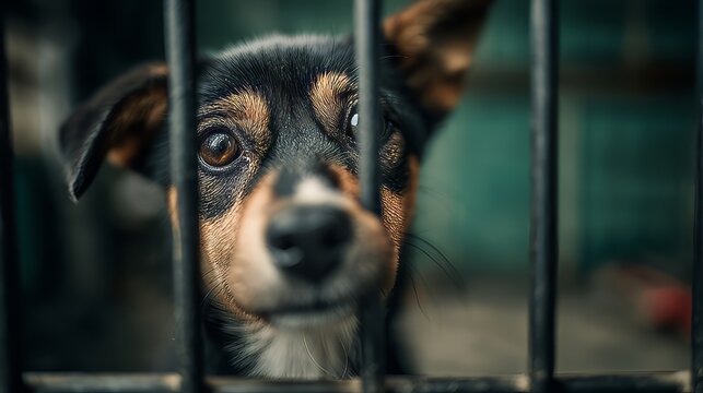 Sad homeless dog looking through cage bars, rescue puppy in animal shelter, lonely stray pet waiting for adoption