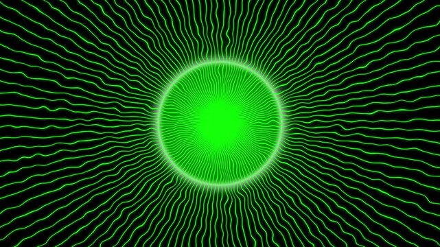 Abstract glowing green wavy radial sunburst circle loop background, neon light rays
