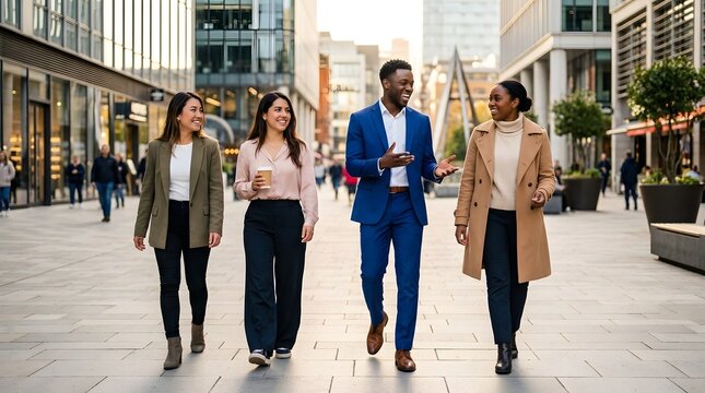 Diverse business professionals walking and talking together in a modern city street, enjoying a casual conversation during a break or commute
