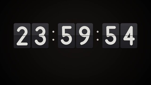 Flip clock counting the last seconds from 23 59 50 to midnight, then Happy New Year 2027 appears in gold with sparkles