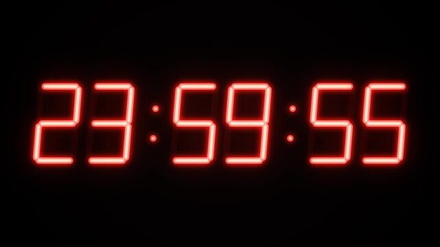 Red seven segment digital clock counting down from 23 59 50 to midnight, switching to glowing red 2027 with fireworks