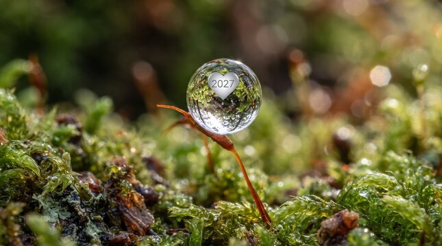 macro photograph of a glistening water A cleadroplet perched delicately on a tiny moss stalk, featuring a digital overlay of a silver heart and the year 2027 reflecting a tranquil, out-of-focus forest