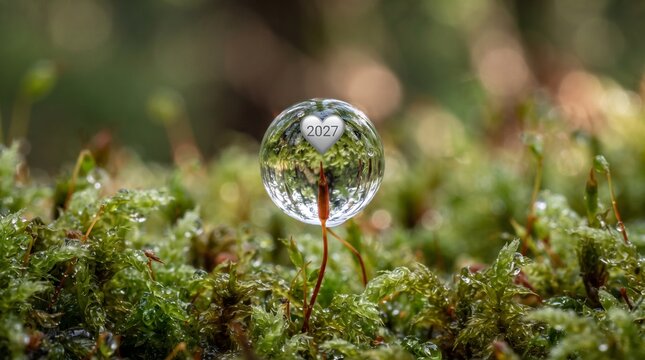 macro photograph of a glistening water A cleadroplet perched delicately on a tiny moss stalk, featuring a digital overlay of a silver heart and the year 2027 reflecting a tranquil, out-of-focus forest