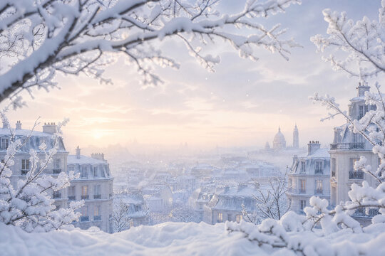 Panoramic Scenic View of Snow Covered Paris Skyline with Sacred Heart Basilica Framed by Frosty Tree Branches at Sunrise