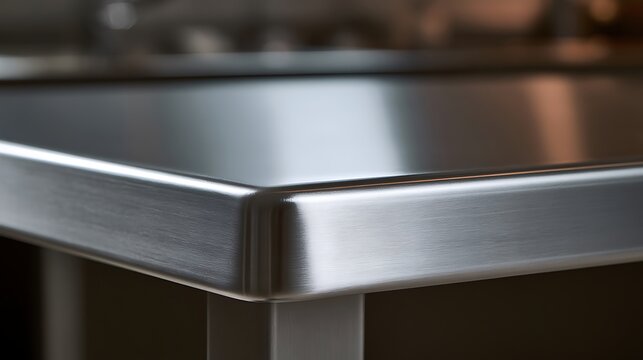 Close up of a clean stainless steel commercial kitchen countertop surface.