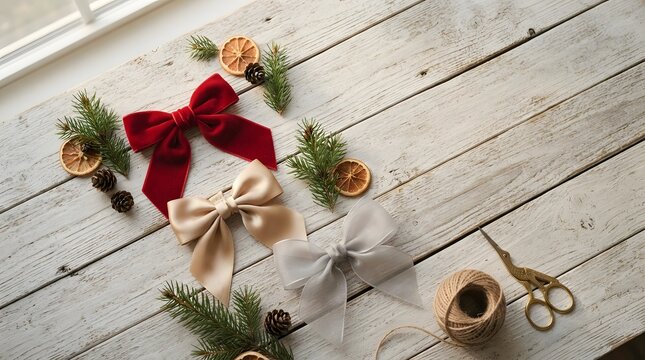 Festive holiday bows and natural decorations on a rustic wooden background, perfect for gift wrapping or seasonal crafts