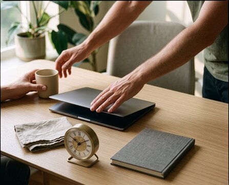 Close up of a person closing a laptop on a wooden desk with a classic clock and coffee mug, representing time management, digital detox, and the end of a workday