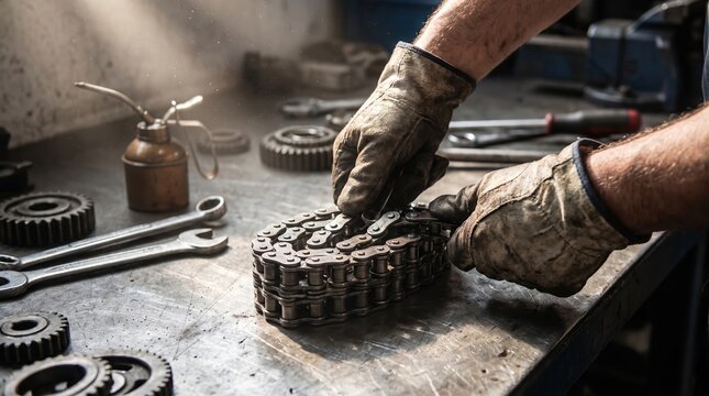 Hands in heavy work gloves pulling metal drive chain on workbench