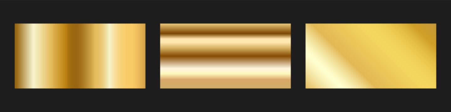 Set of three metallic gold gradient panels on black background. Vertical, horizontal, and diagonal reflective textures, perfect for luxury design, branding, decor, and creative projects