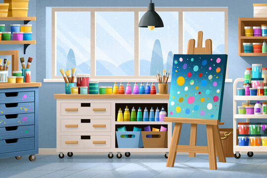 colorful art learning area with easels, paint supplies, storage carts and creative workspace, minimalist classroom design