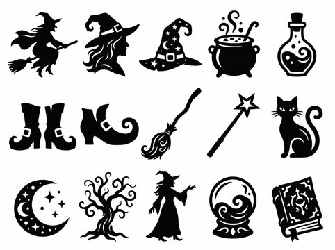Collection of fifteen halloween and magic themed silhouette icons on white background with halloween silhouette witchcraft collection cauldron broomstick graphics mystical