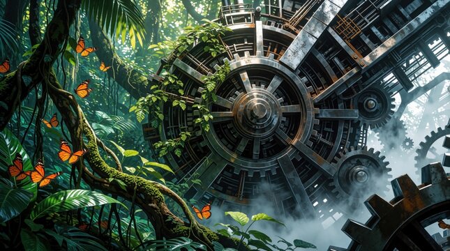 Giant rusty metal gears, industrial machine parts clash with green tropical rainforest. Orange butterflies fly near massive clockwork mechanism in dense jungle foliage. Concept of nature reclaiming