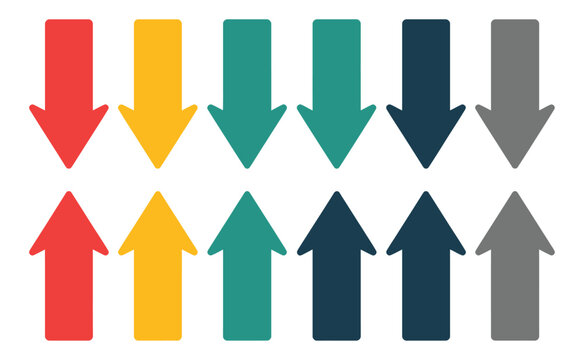 Set of colorful arrows pointing up and down isolated on a clean white background for business presentation graphic design