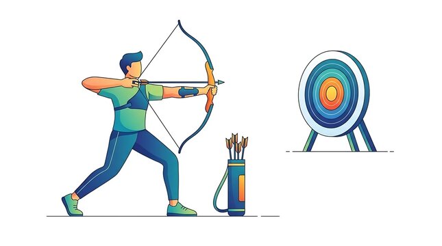 Archer aiming at target with bow and arrow.