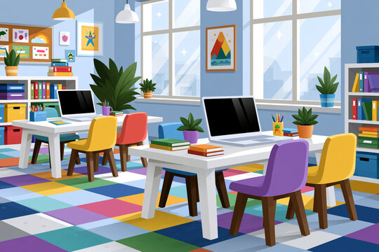 Flexible learning environment featuring colorful workstations, educational displays without readable text and organized classroom storage