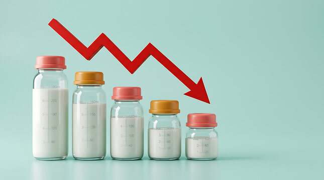 Milk bottles in decreasing size with a red downward trend arrow