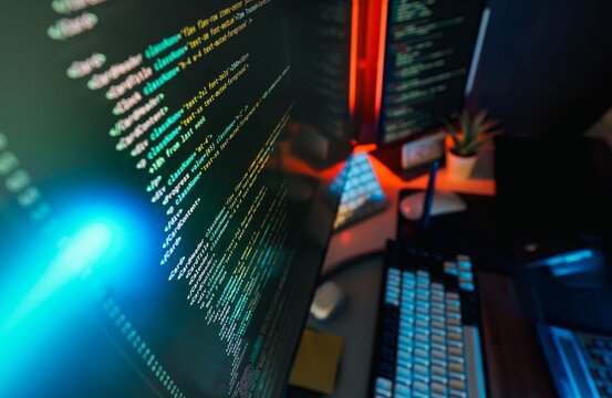 Software developer coding on multiple computer screens